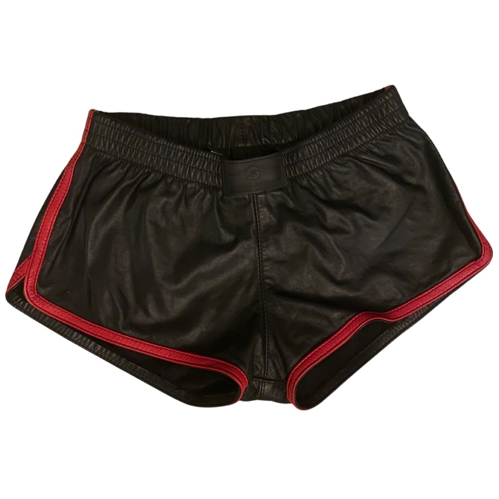 Mr S Leather San Francisco Shorts. Black w/ Red Trim. Luxury Pride Clubwear SZ M